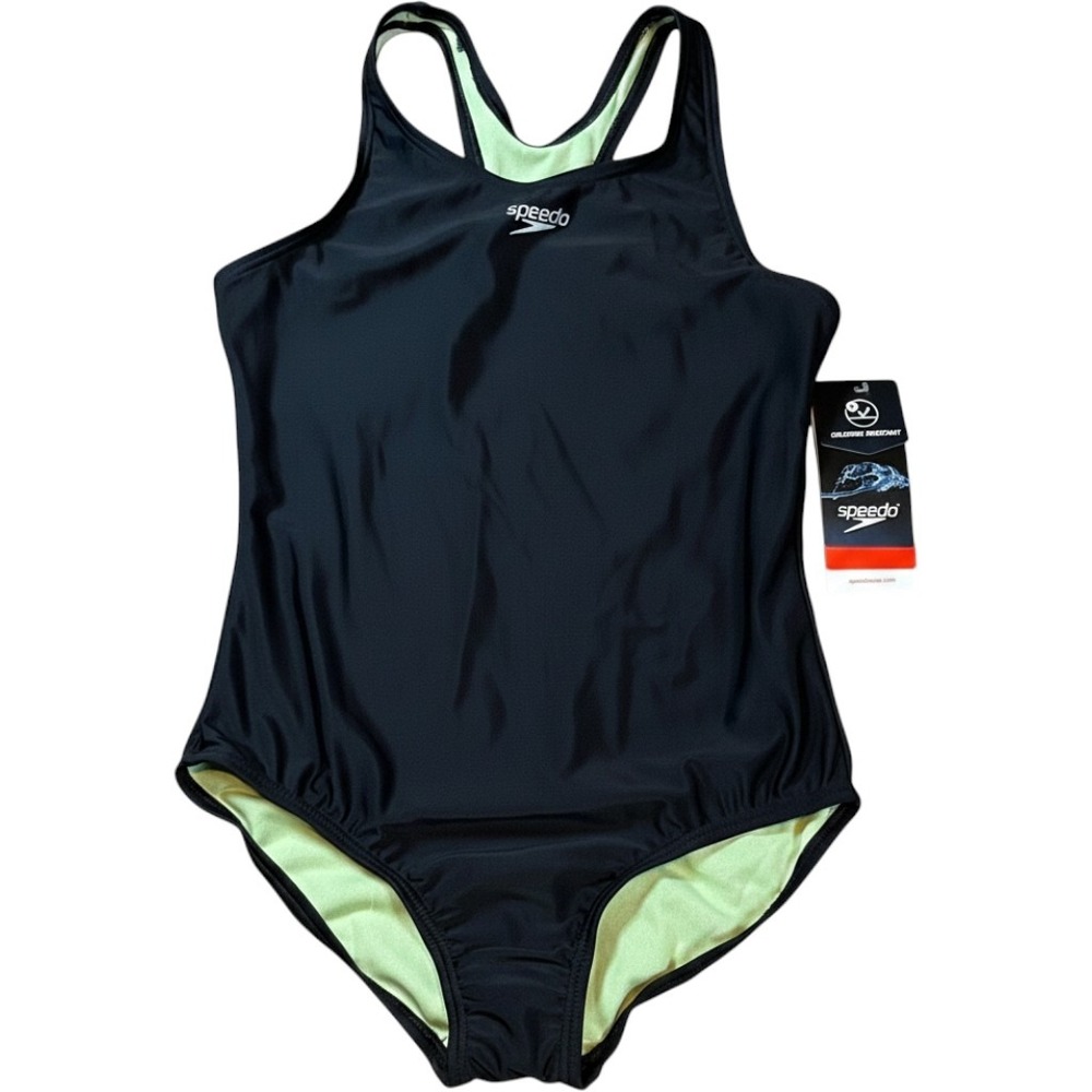 Speedo Girls One Piece Swimsuit Anthracite Black Lime Green Size 10 NWT UPF 50+